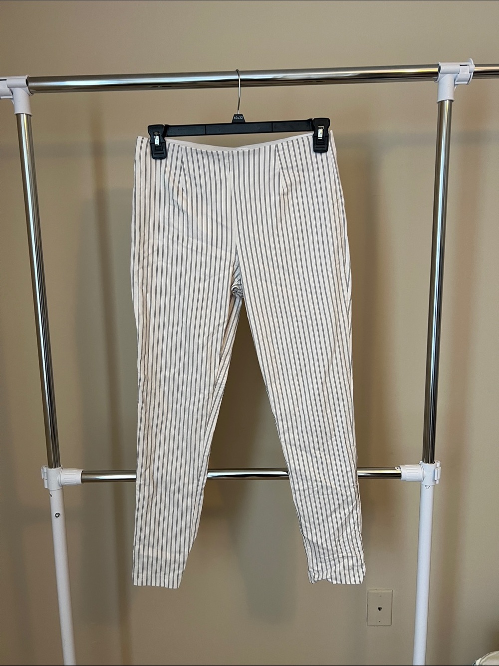 Calvin Klein White Pants with Thin Black Pinstripes